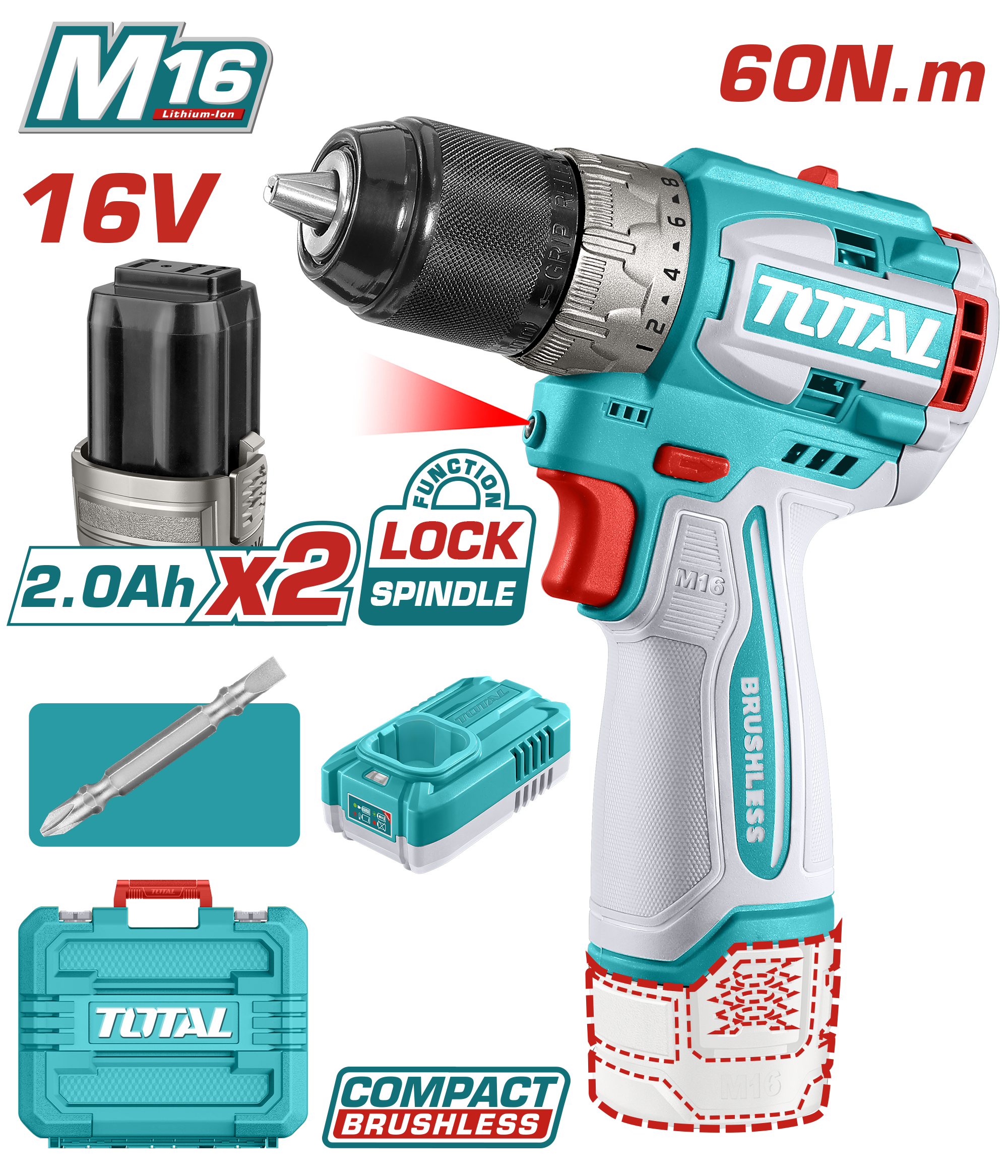 Total tools Compact brushless cordless drill 60Nm with 2 Pcs 16V batte