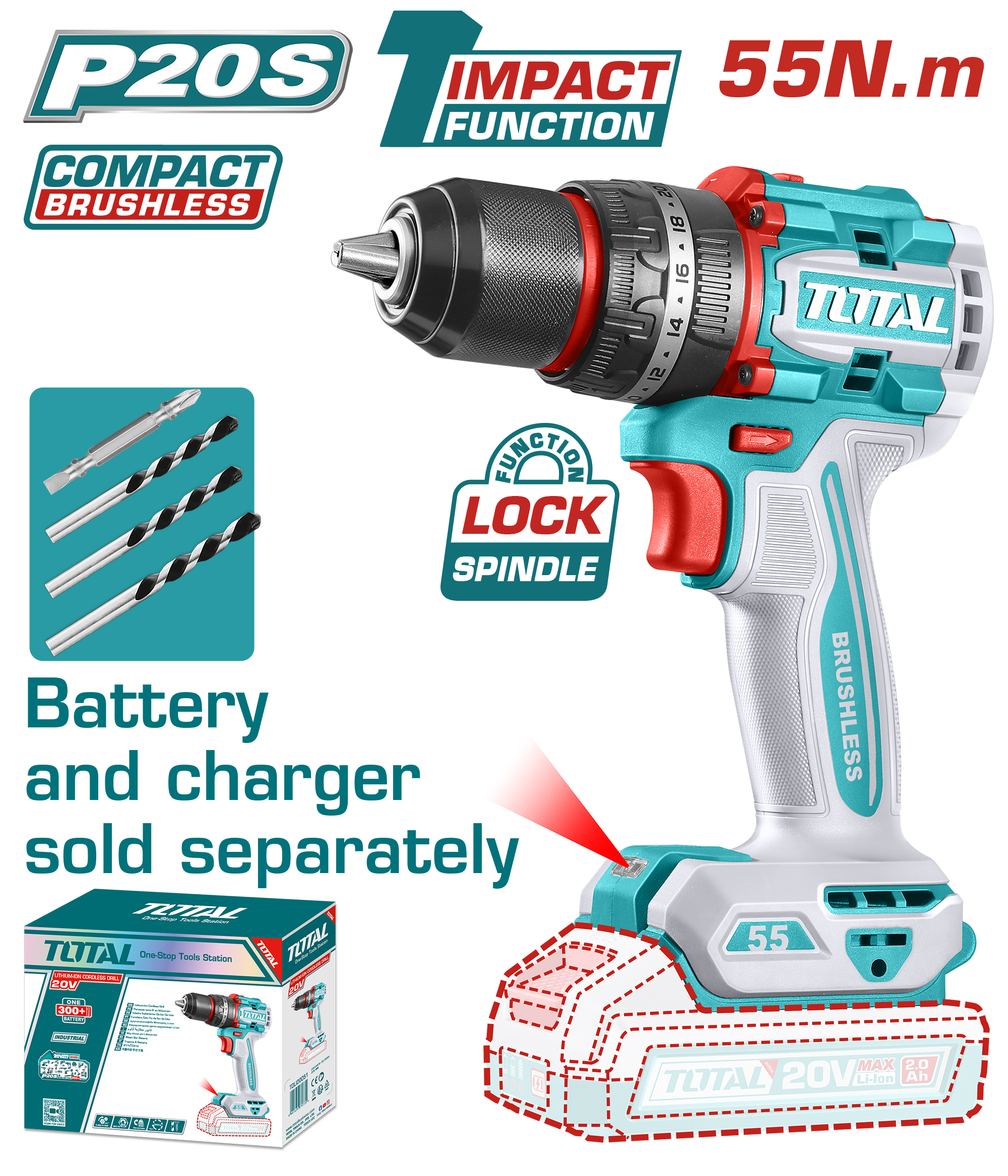 ちぃです Total Tools 20V Brushless Cordless Impact Drill – 55Nm – Without Batte