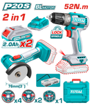 Total tools Cordless 20 volt 2 Ah. combo kit ( drill 52 N.m + angle grinder 3" + 2 battery and charger ) - TCKLI20278