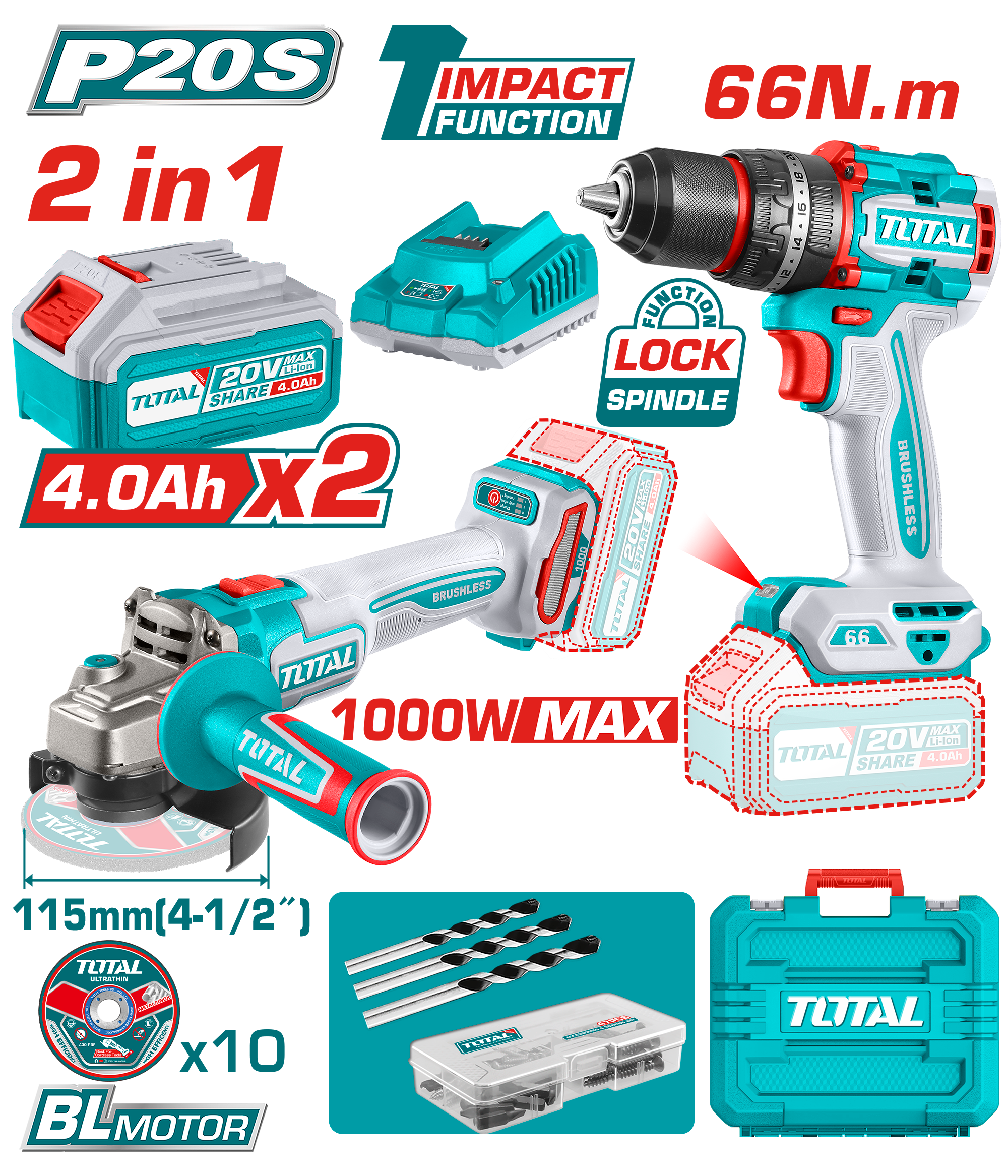 Total tools Cordless 20 volt combo kit ( impact drill 66 N.m + angle g