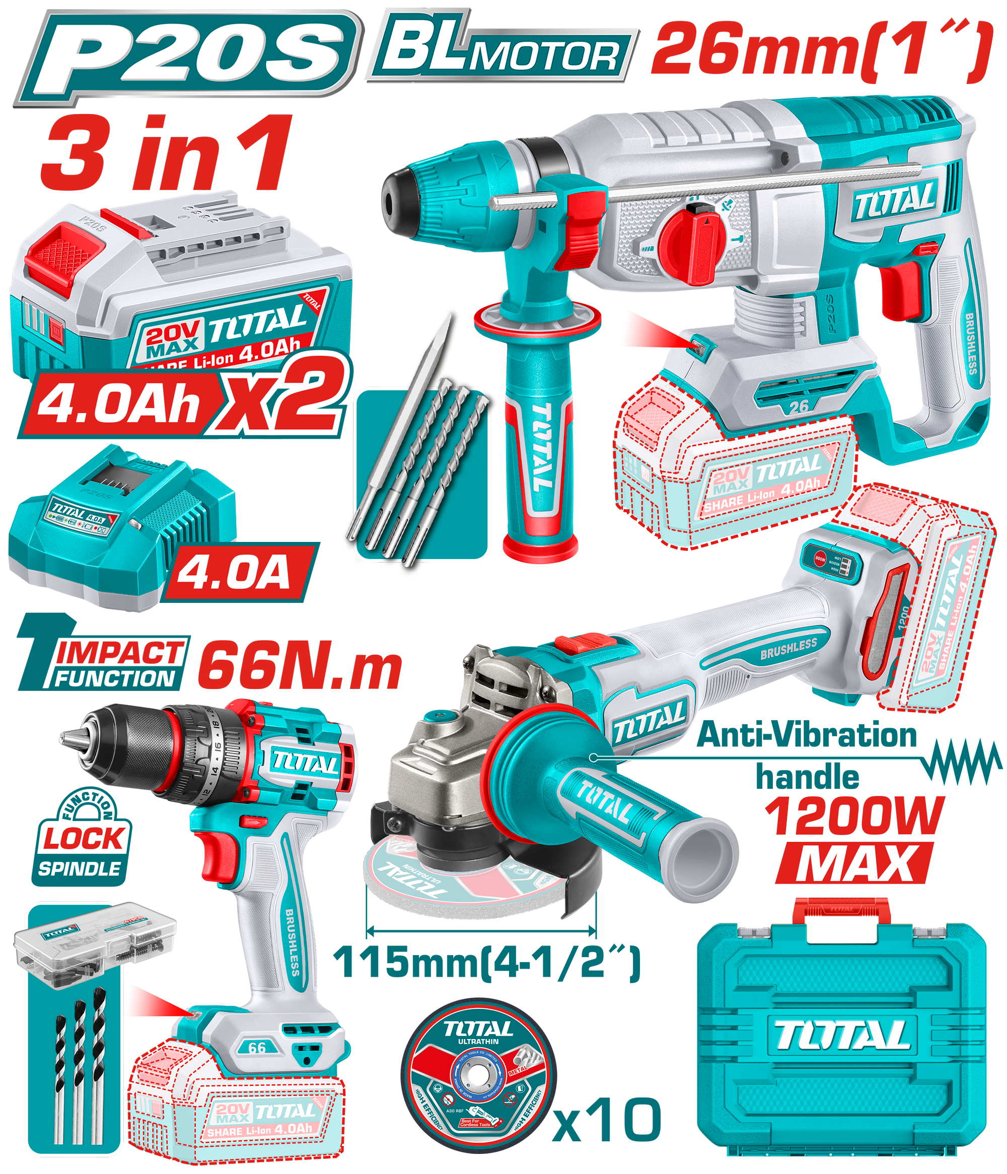 TOTAL Tools 20V Cordless 3-Piece Combo Kit ( Brushless Impact Drill 66