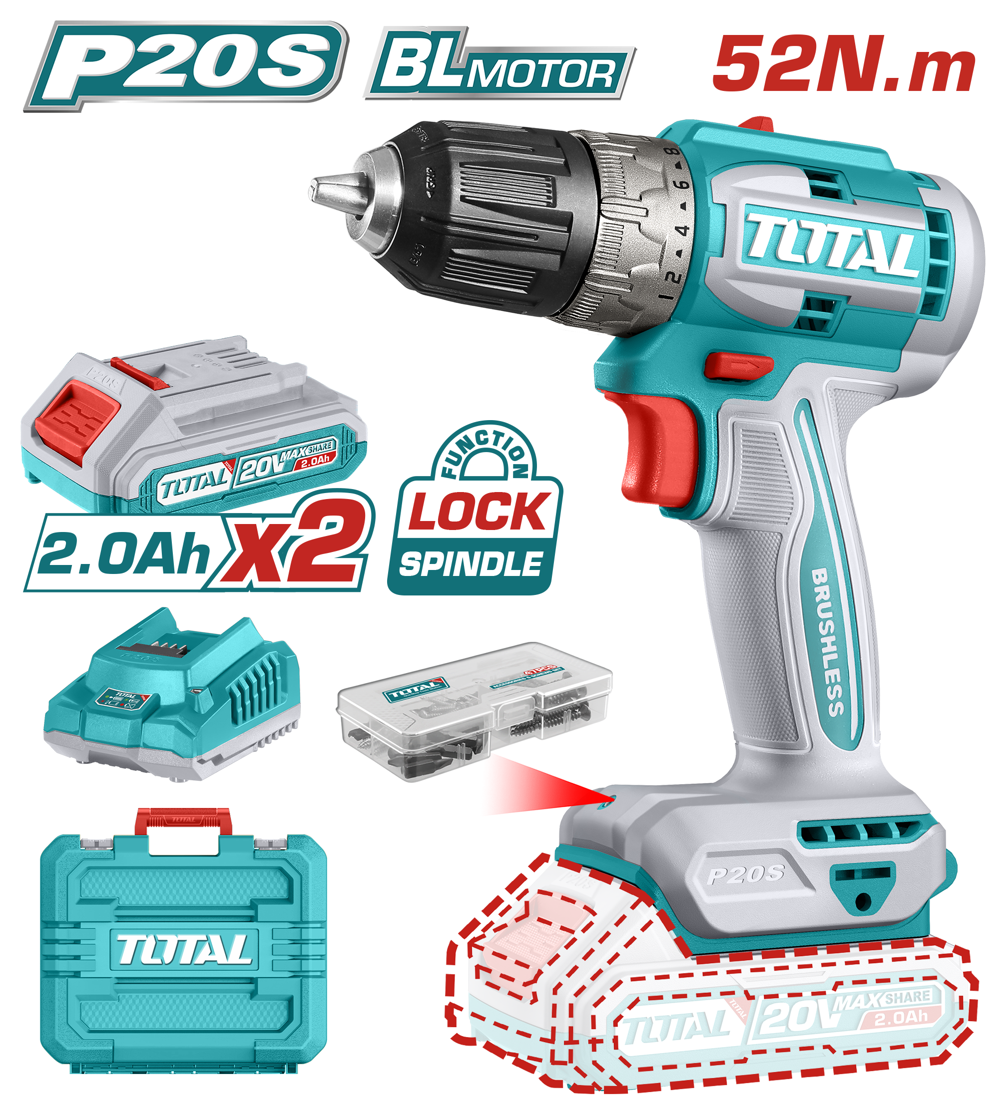 Total tools Brushless cordless drill 20V 52Nm pcs batteries char