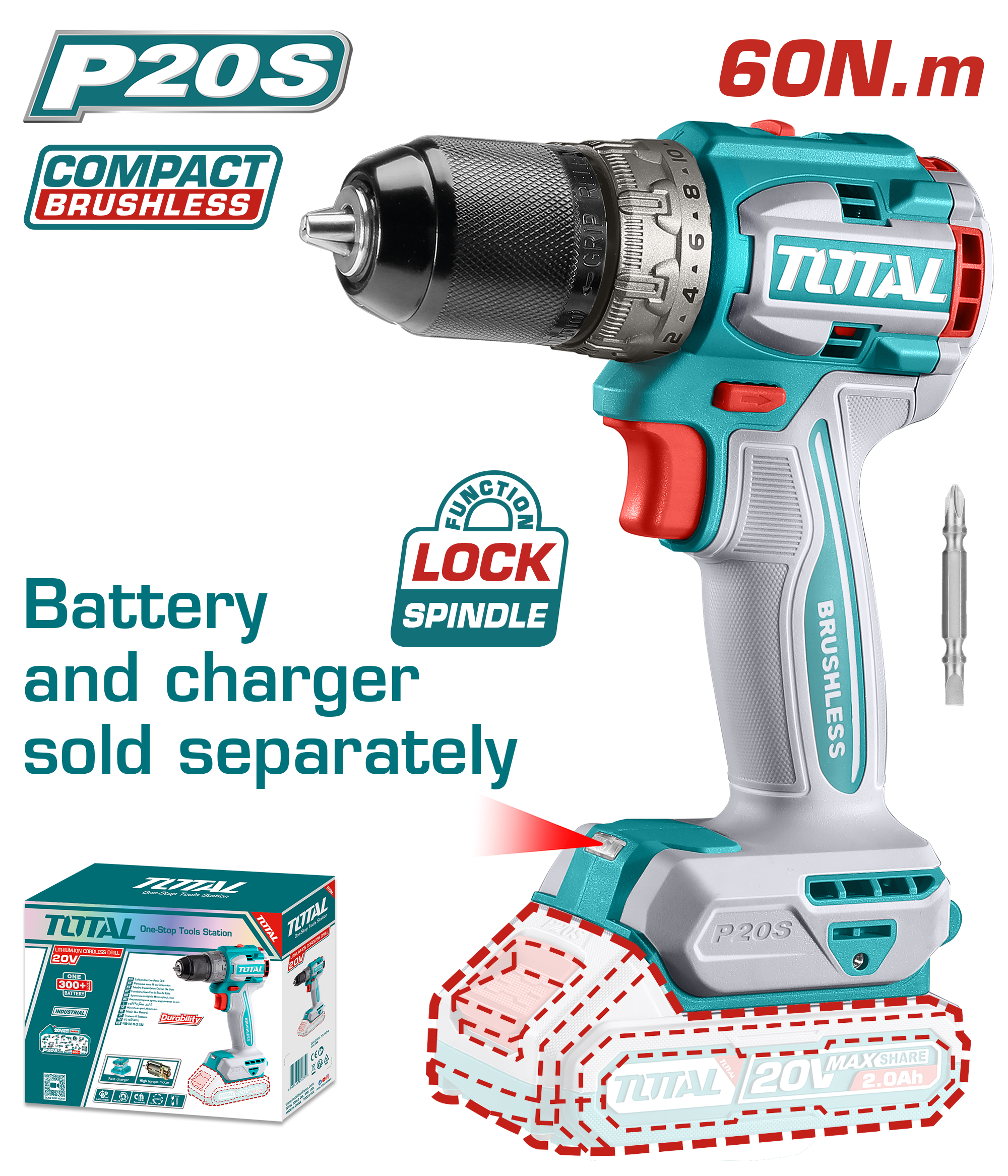 Total Tools Lithium-Ion compact brushless cordless drill 20V Without b