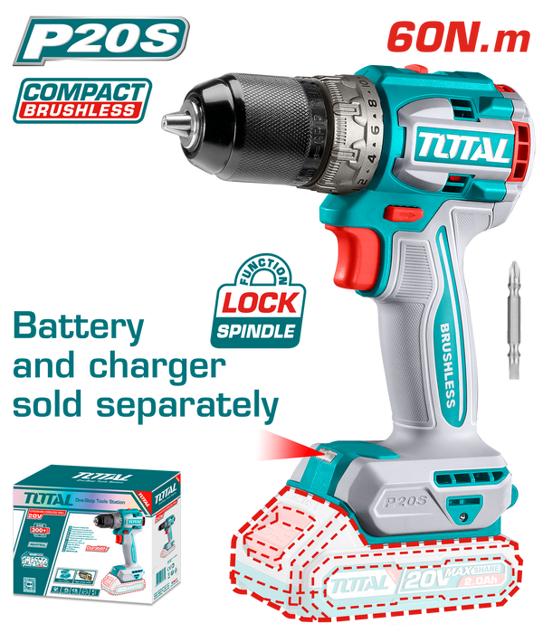 Total Tools Lithium-Ion compact brushless cordless drill 20V Without battery And Charger-TDLI206021