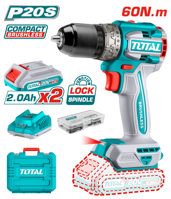 Total Tools Lithium-Ion compact brushless cordless drill 20V With 2 Pcs 2.0Ah battery And Charger 47 Pcs accessories-TDLI20602