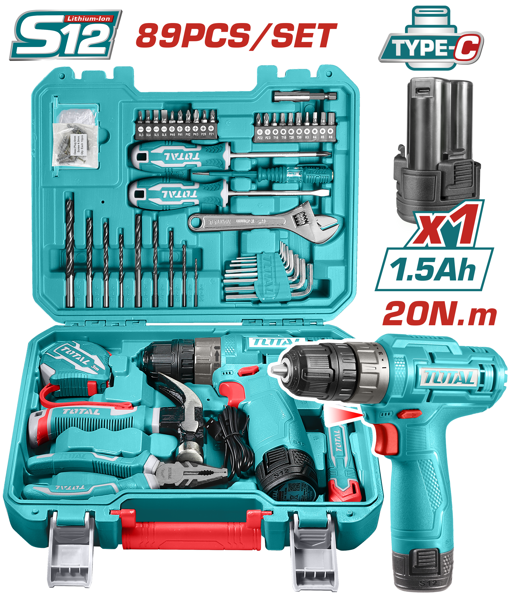 Total tools Tools set + cordless drill 20 V with battary and charger ,