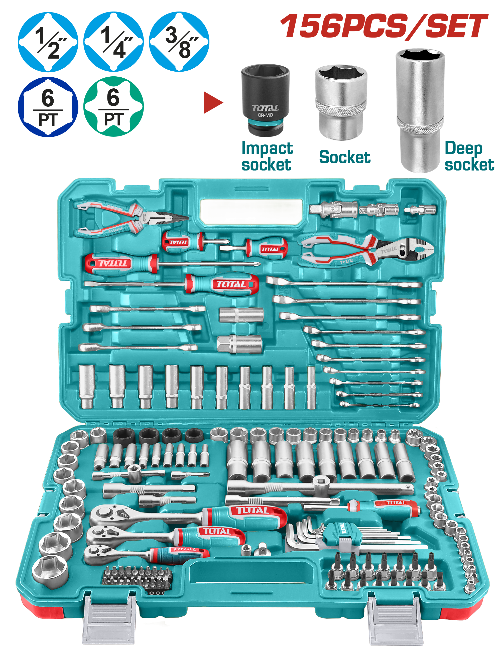 Total Tools 156 Pcs Tool Set with 1/4