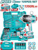 توتال تولز دريل بطارية برشليس 20 فولت  1350 نيوتن  3/4 بوصة مع  بطارية  و شاحن و طقم عدة , 126 قطعة - THKTHP31262