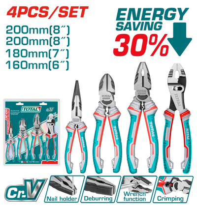 Total Tools 4-Piece Energy Saving Pliers Set - 30% Energy Saving - Model THT2K0488