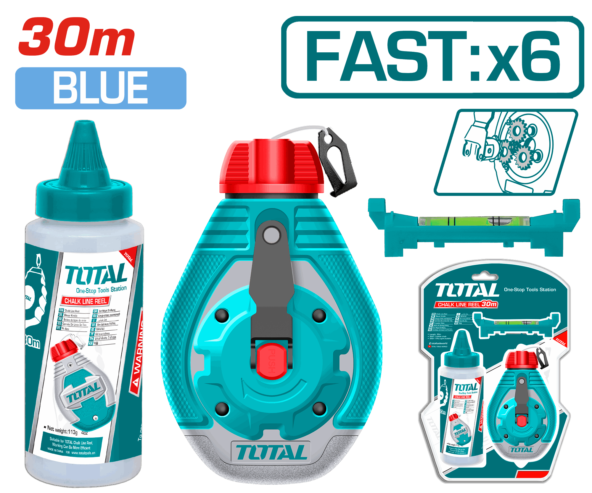Total Tools Chalk Line reel 30m + Blue Chalk Powder - THT666301