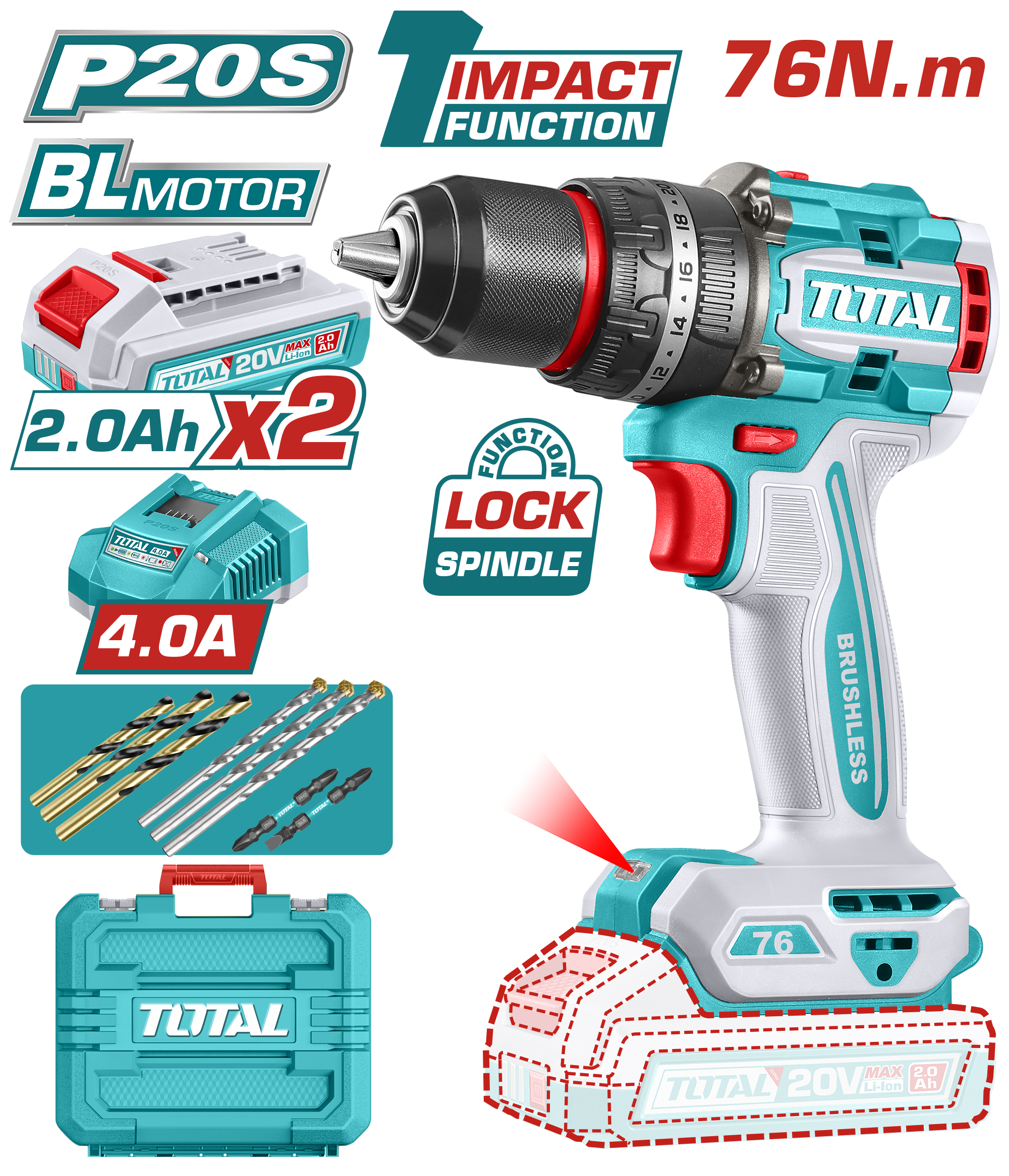 TOTAL TOOLS 20V Compact Brushless Cordless Impact Drill, 76Nm + 2 Batt
