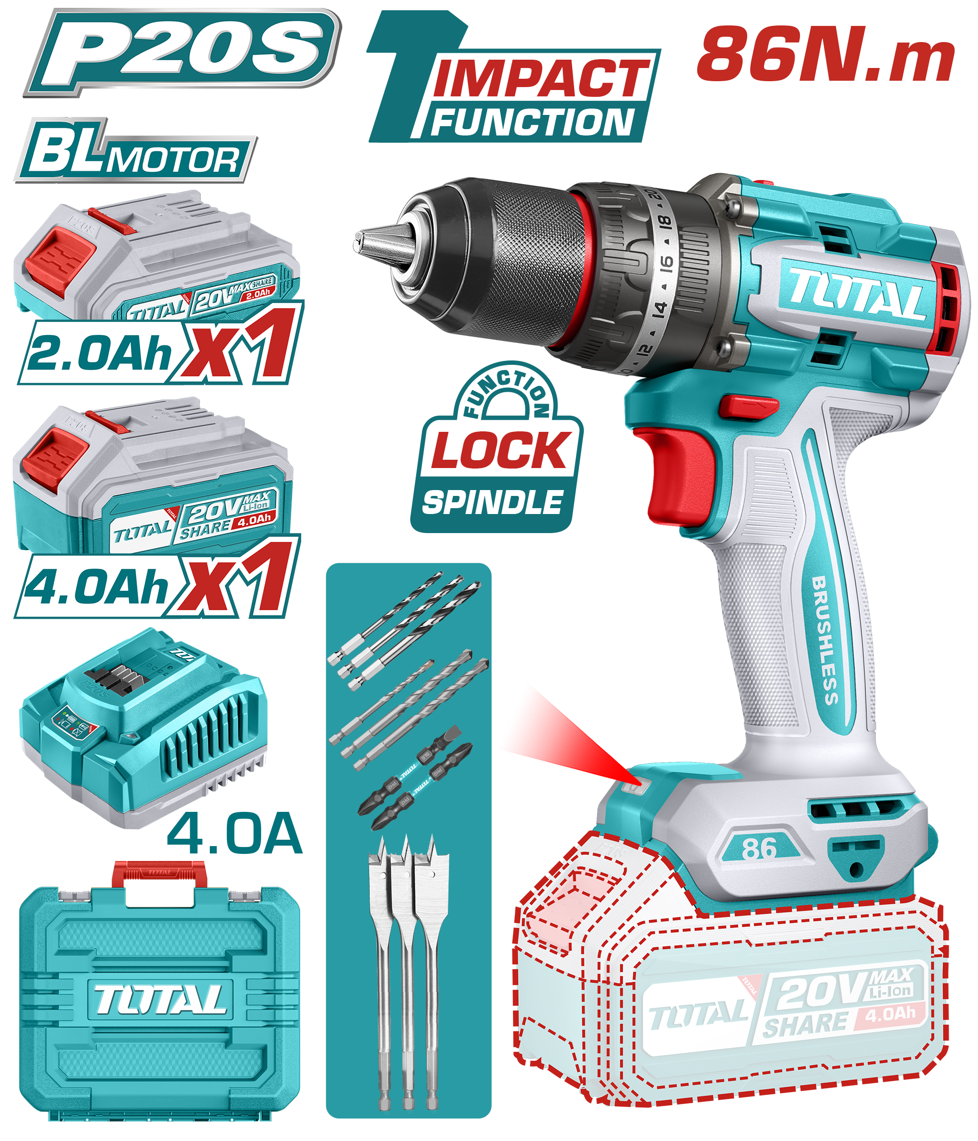 Total tools Brushless cordless impact drill 20 volt 86 N.m battery and
