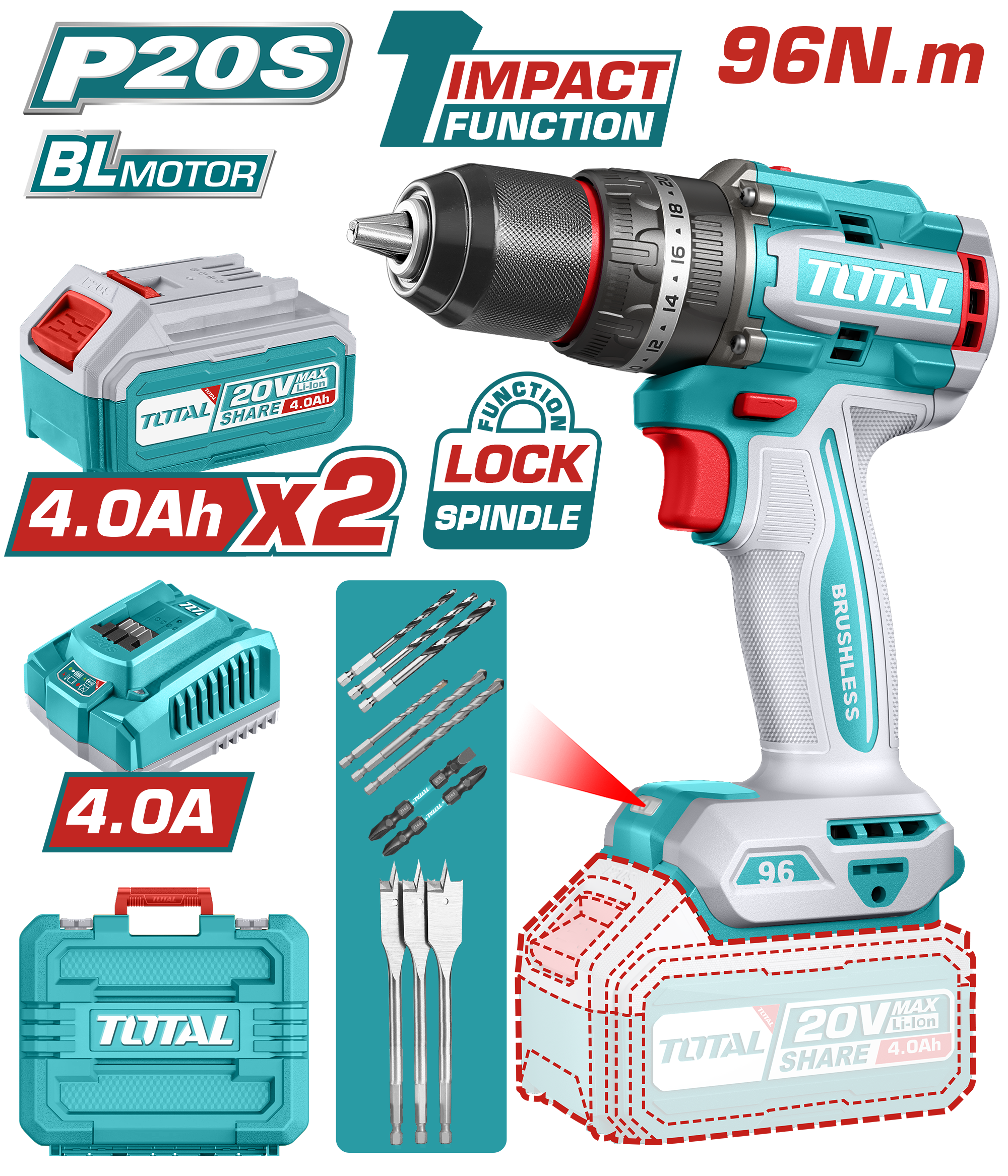 Total tools Lithium-Ion Brushless Cordless Impact Drill 20V 96 NM + 2