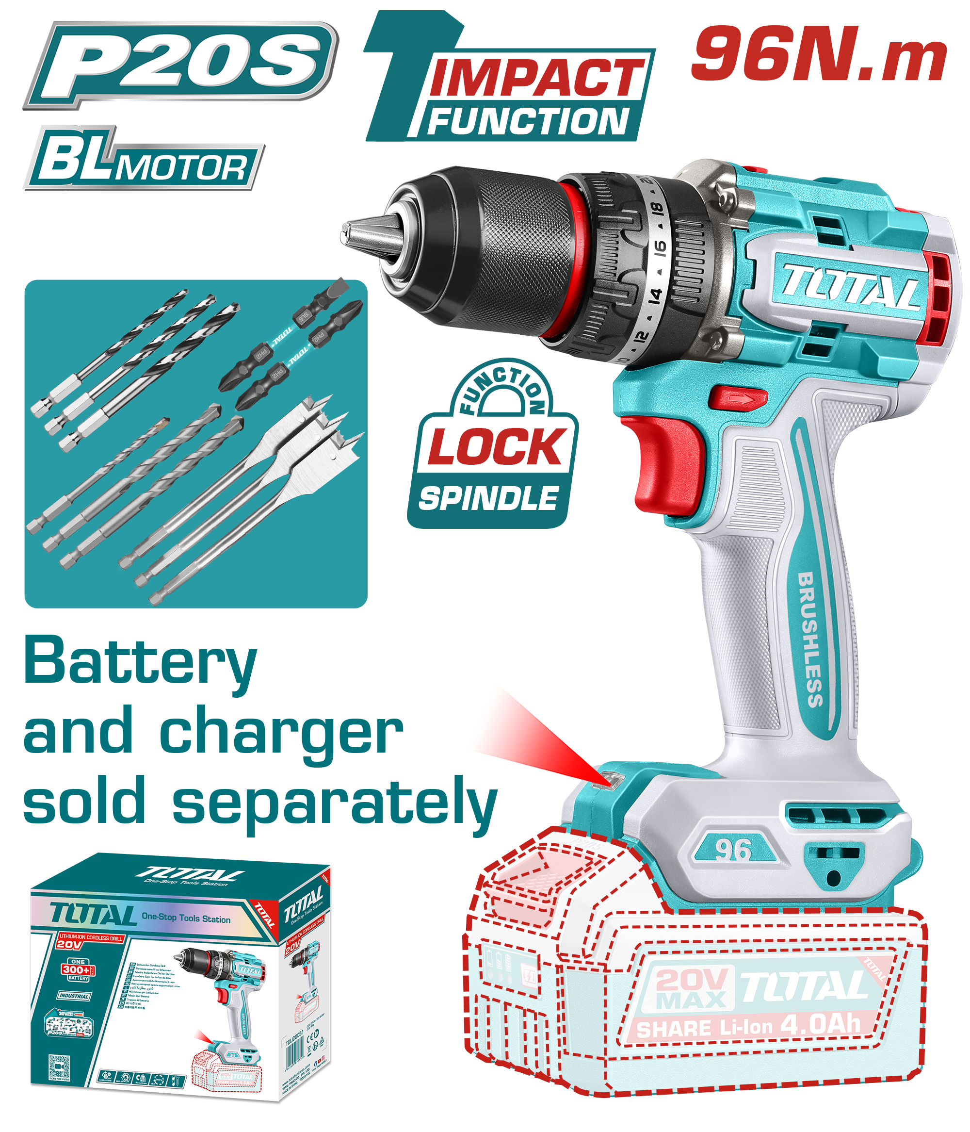 Total tools Brushless cordless impact drill 20V 96 N.m without Battery