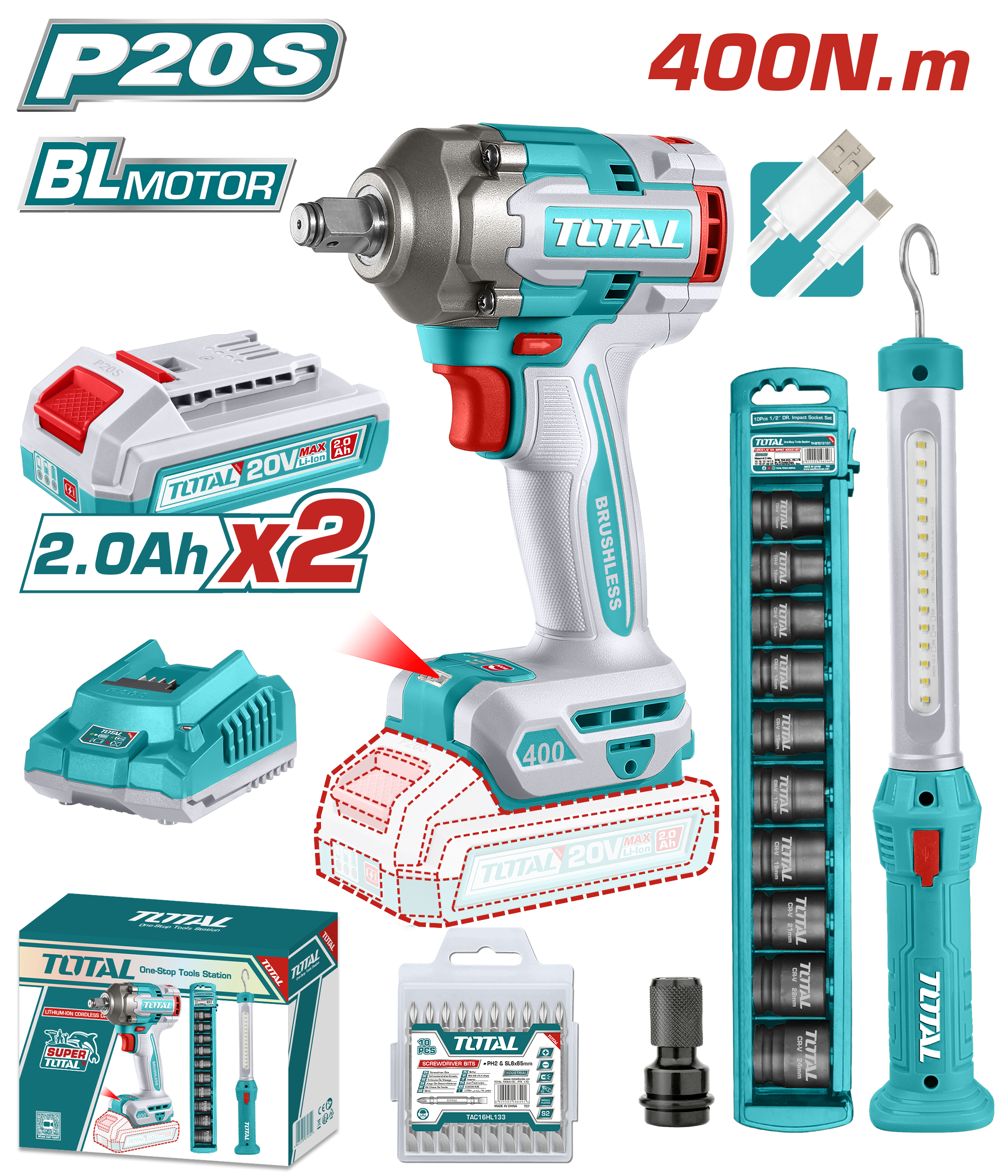 Total tools Cordless pcs 20 V combo kit impact wrench 1/2 400