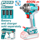  توتال تولز دريل بطاريه 1/2 بوصه 20 فولت 400 نيوتن ( Brushless ) مع 3 لقم  بدون  بطارية و شاحن  - TIWLI20401