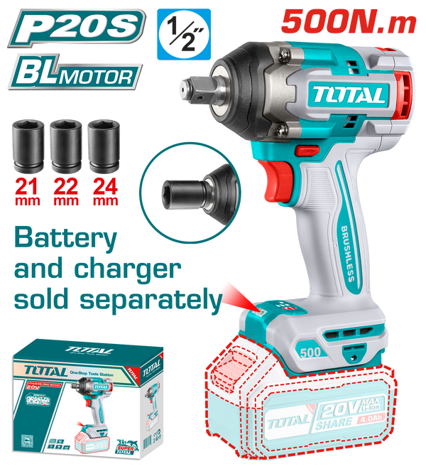 Total Tools Lithium-Ion Cordless impact wrench 20V Brushless motor 500 NM Without battery And Charger-TIWLI20501