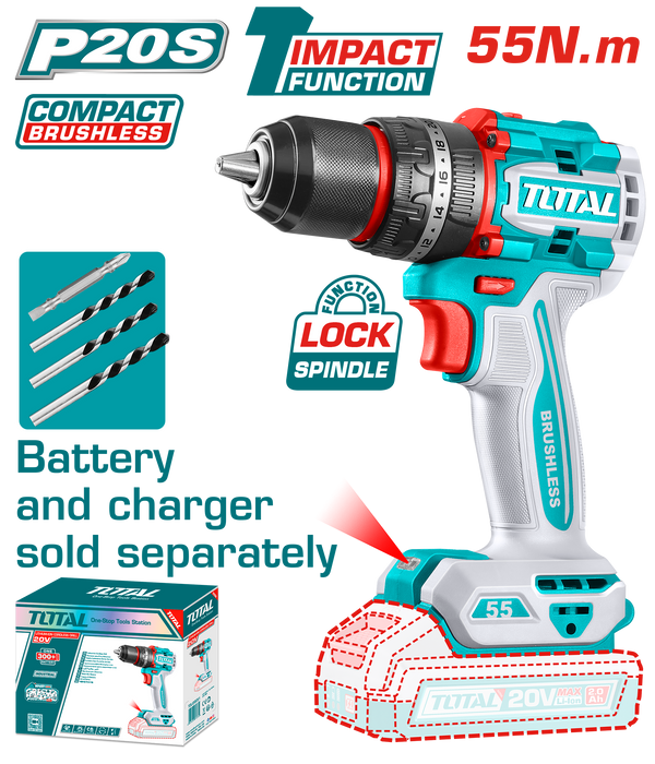 Total tools Lithium-Ion Brushless Cordless Impact Drill 20V 55 NM Without battery And Charger- TIDLI205581