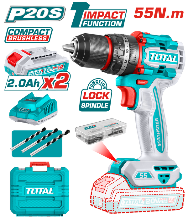 Total tools Lithium-Ion Brushless Cordless Impact Drill 20V 55 NM With 2 battery And Charger- TIDLI20558