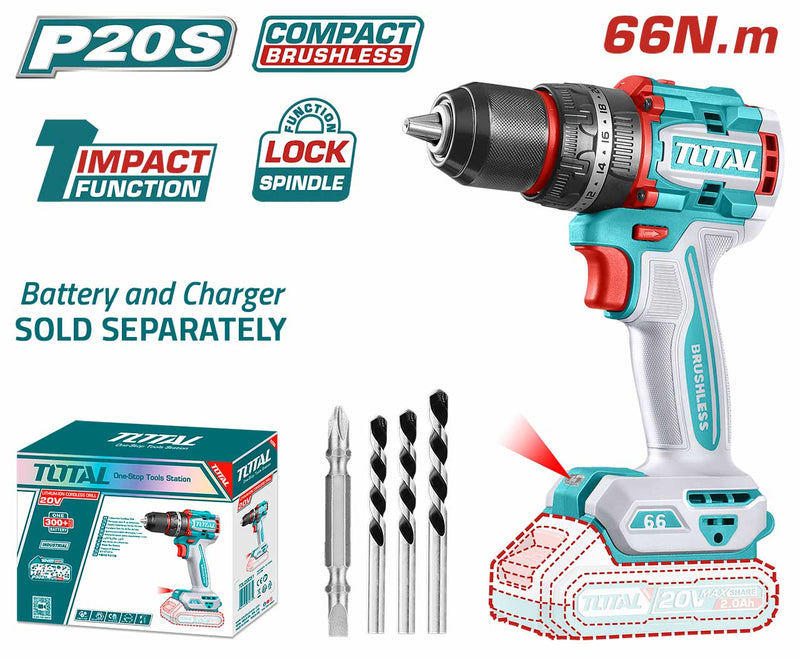 Total Tools Lithium-Ion Compact Brushless Cordless Impact Drill 20V  66 NM Without battery And Charger-TIDLI206681