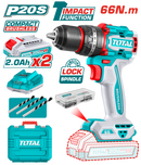 Total Tools Lithium-Ion Compact Brushless Cordless Impact Drill 20V 66 NM With  2 Pcs 2.0Ah battery And Charger  And 47 Pcs accessories +3 Pcs masonry drill bits -TIDLI20668