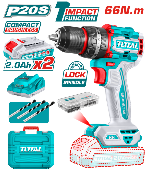 Total Tools Lithium-Ion Compact Brushless Cordless Impact Drill 20V 66 NM With  2 Pcs 2.0Ah battery And Charger  And 47 Pcs accessories +3 Pcs masonry drill bits -TIDLI20668