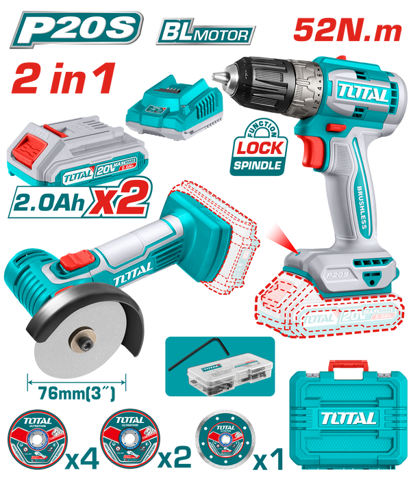 Total tools Cordless 20 volt 2 Ah. combo kit ( drill 52 N.m + angle grinder 3" + 2 battery and charger ) - TCKLI20278