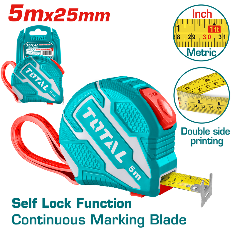 Total tools Steel measuring tape 5M 25 mm  Self lock With rubber cover - TMT126252