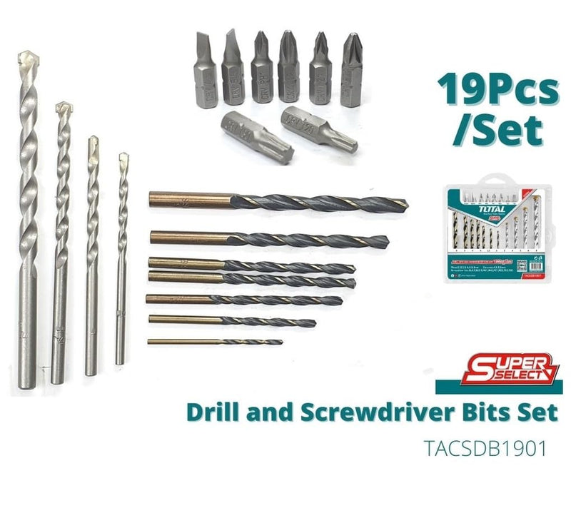 Total tools 19 Pcs drill bits & screwdriver bits set - TACSDB1901