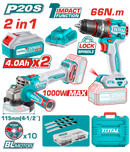 توتال تولز طقم  شنيور دقاق 66 نيوتن + صاروخ 4.5 بوصة  مع  بطاريه و شاحن 20 فولت 2 امبير + بطارية 4 امبير  TCKLI20273 
