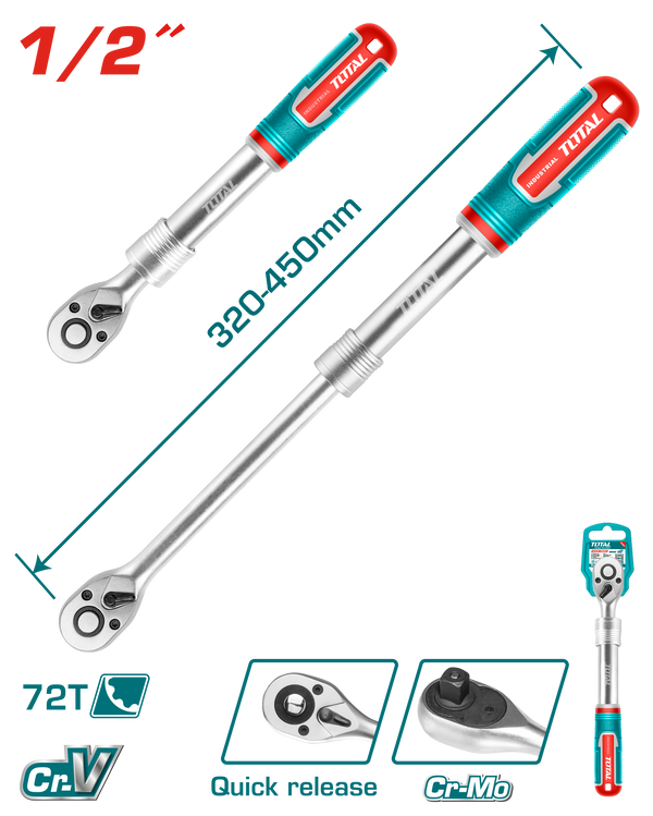 توتال تولز يد سيستيم 1/2 بوصة 72 سنة بيد قابله  للتطويل من 340 - 450 مم  - THT106128L