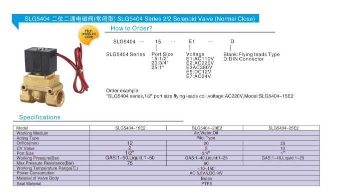 High pressure Solenoid valve - 2/2  - 1/2 inch without coil ( Normally Closed ) 50 bar - Model SLG5404