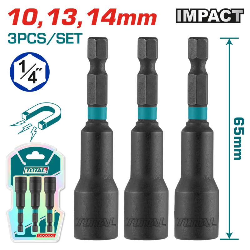 Total tools Industrial 3 Pcs impact magnetic nut set (10-13-14 mm) - TAC2703431