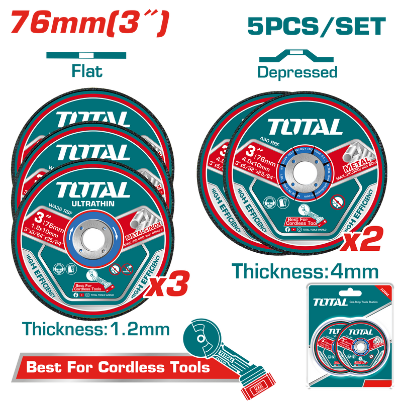 Total tools 5PCS Abrasive metal cutting and grinding disc set 3" - TAC303768