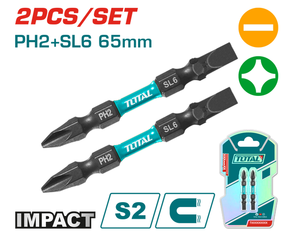 توتال تولز طقم سن مفك عاده و صليبه تصادميه  قطعتين 65 مم - TACIM72HL665 