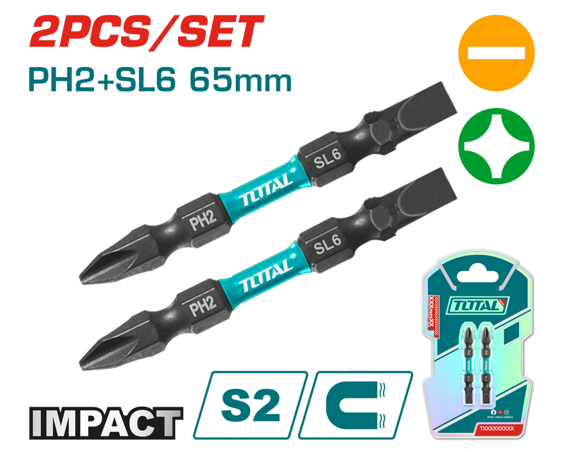 توتال تولز طقم سن مفك عاده و صليبه تصادميه  قطعتين 65 مم - TACIM72HL665 