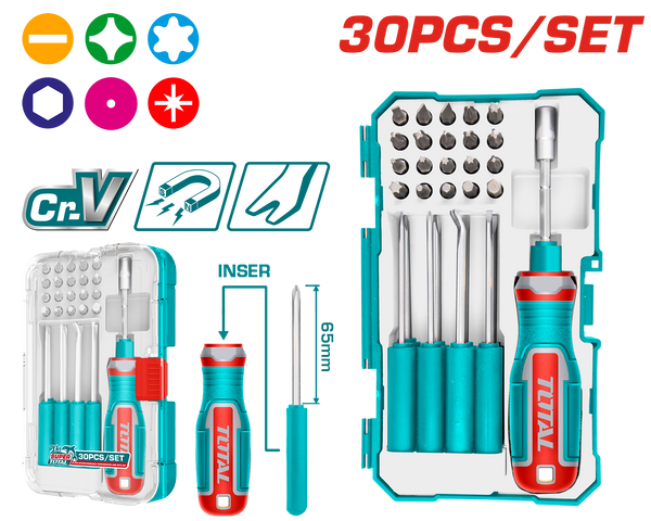 Total tools  Interchangeable screwdriver and bits + pick and hook  set 30 Pcs - TACSD30306