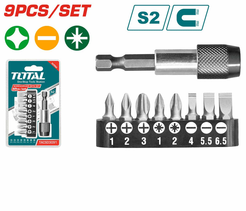 Total tools 9 Pcs screwdriver bits + bit holder set - TACSD3091