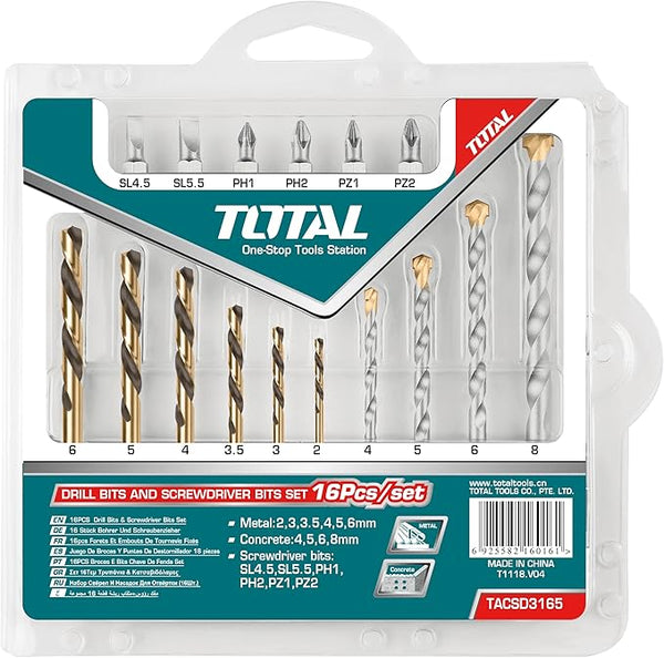 Total tools Drill bits and screwdriver bits set 16 pcs - TACSD3165