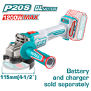 Total tools Brushless Cordless angle grinder 20 V -  4.5" without battery and charger 1200W MAX  - TAGLI221153