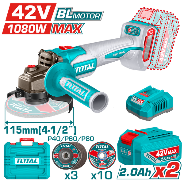 Total Tools 42V Brushless Cordless Angle Grinder 4.5" + 2 Batteries & Charger - TAGLI4108112