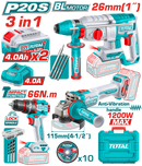 TOTAL Tools  20V Cordless 3-Piece Combo Kit ( Brushless Impact Drill 66Nm , 4.5" Angle Grinder and 26 mm Rotary Hammer ) + 2 Batteries and Charger –  TCKLI202598