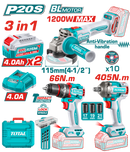 توتال تولز طقم كومبو بطاريه 20 فولت ( شنيور دقاق 66 نيوتن و صاروخ  4.5 بوصه و دريل 1/2 بوصة 405 نيوتن ) + 2 بطاريه 4 امبير و شاحن - TCKLI20358