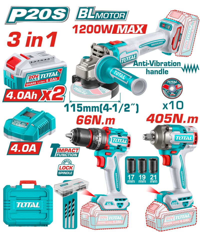 Total Tools Cordless Combo set 20V (Impact Drill 66Nm, Angle Grinder 4