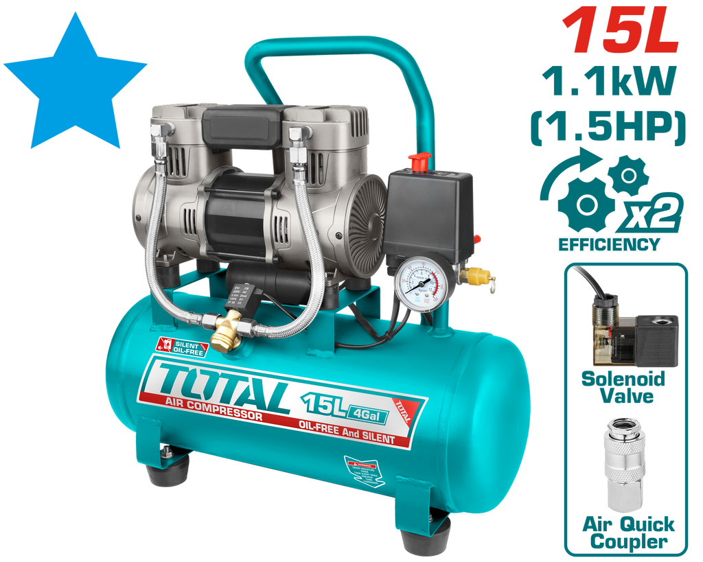 Total Tools Compressor Total Tools Silent Air Compressor 15L – 1.5HP – 8 Bar Pressure – Model