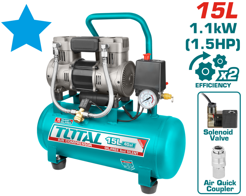 Total Tools Silent Air Compressor 15L – 1.5HP – 8 Bar Pressure – Model
