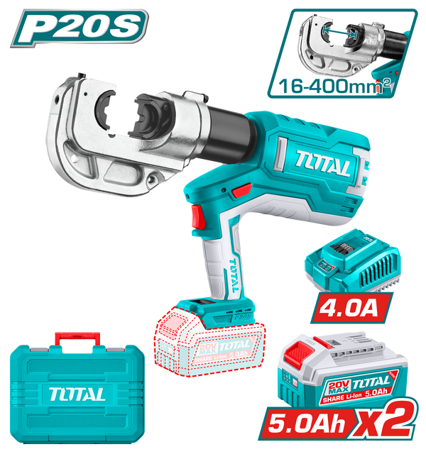 Total tools Cordless hydraulic crimping tool 16 : 400 mm 20 volt 4Ah. + 2  battery and charger - TCTLI2005