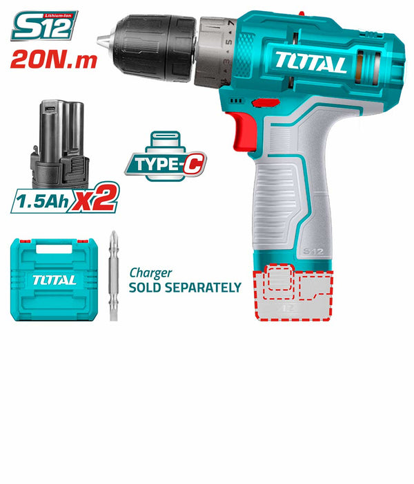 TOTAL TOOLS Lithium-Ion cordless drill 12V WITH 2 Pcs 1.5Ah battery pack/TDLI12202