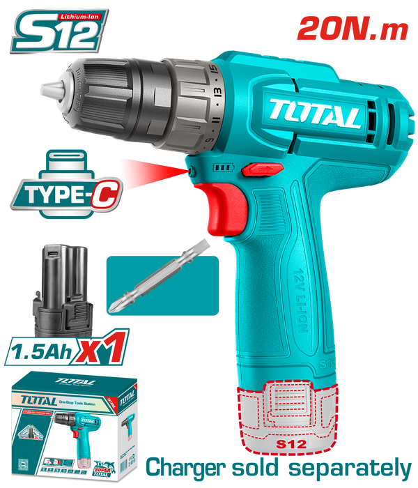 Total Tools 12V Cordless Drill 10mm Plastic Chuck – Max Torque 20Nm + 1.5Ah Battery Included – TDLI12456