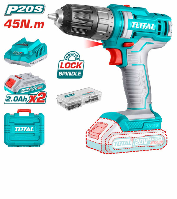 Total Tools Lithium-Ion cordless drill 20V- With 2 Pcs 2.0Ah battery And 47 Pcs accessories/TDLI200528
